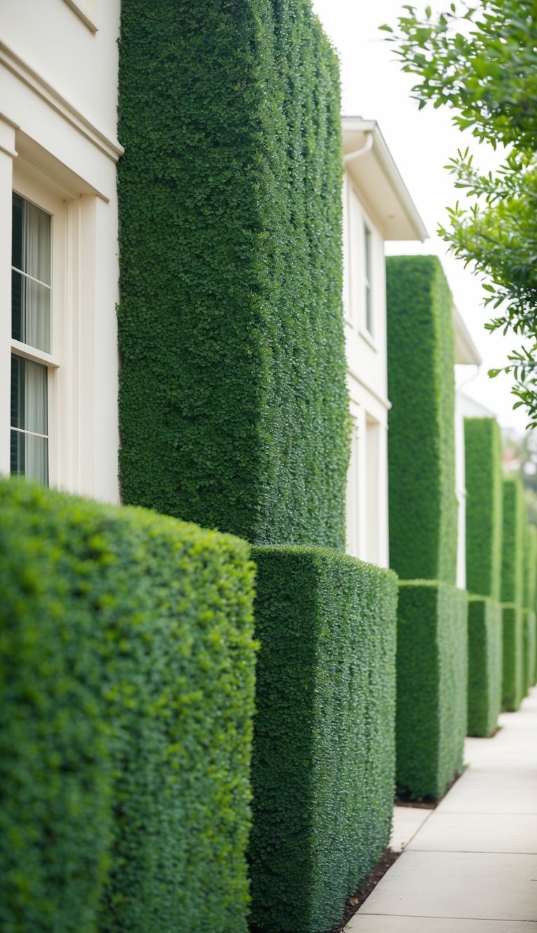 A row of tall, lush hedge walls creates a natural barrier between two houses, providing privacy and a serene atmosphere