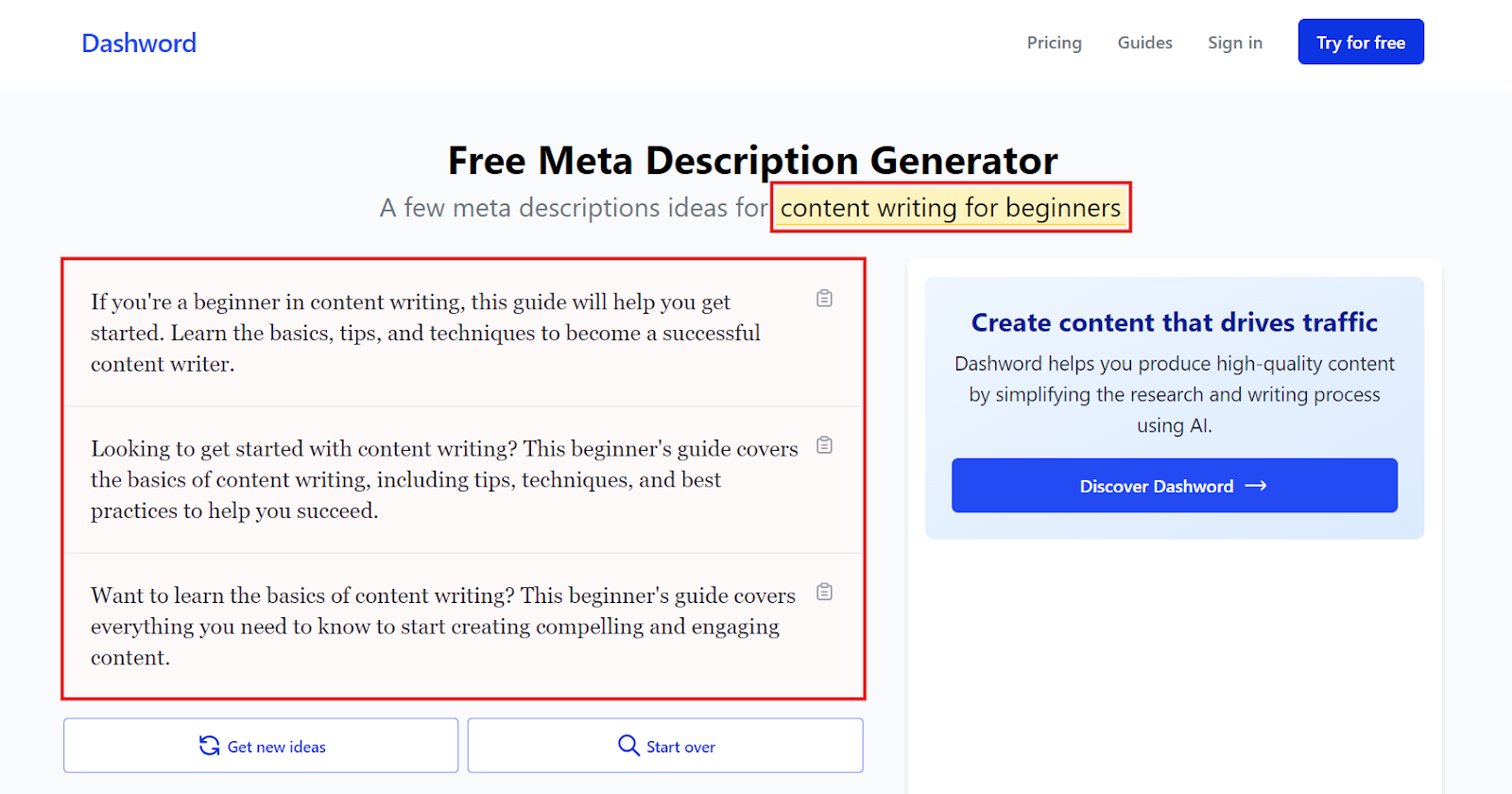 Dashboard — Meta description ideas