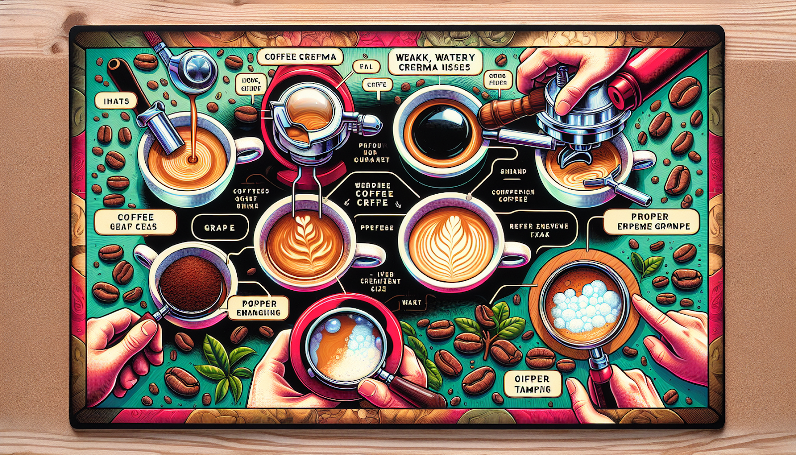 An illustration depicting common issues and fixes for coffee crema.