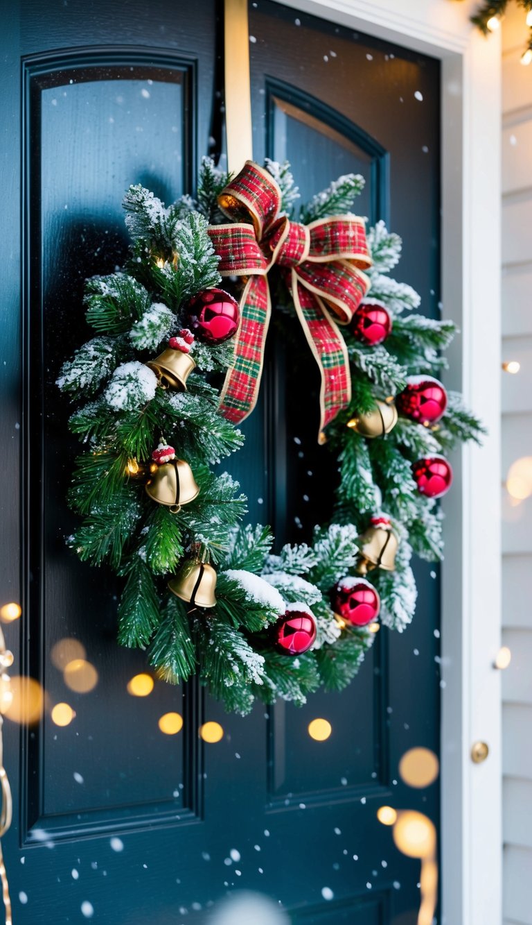 A festive wreath adorned with jingle bells and greenery hangs on a front door, surrounded by twinkling lights and a dusting of snow