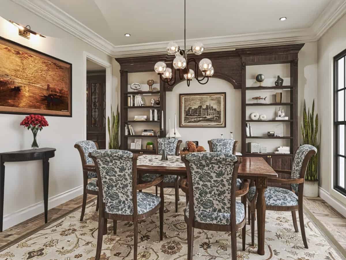 The formal dining room has traditional furnishings over hardwood flooring.