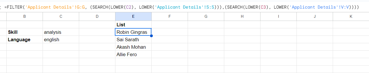 Using the =filter function to search for candidates that fit criteria 