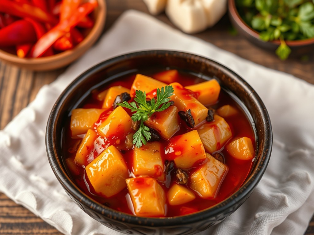 Spicy fermented tofu served in a rustic bowl, topped with chili slices and garnished with fresh herbs, showcasing its vibrant and flavorful appeal.