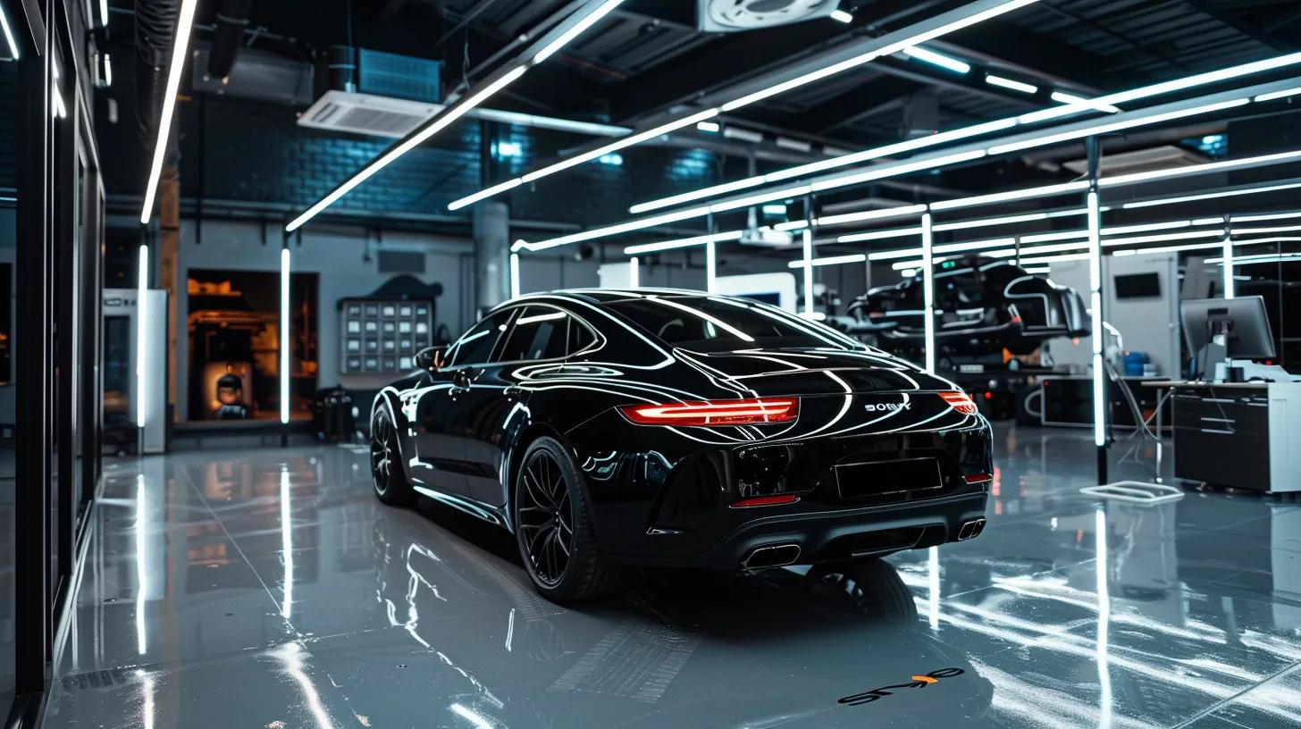 a gleaming car with a flawless, reflective surface sits prominently in a modern workshop, surrounded by advanced detailing equipment, showcasing the high-quality results of paint protection services that customer reviews rave about.