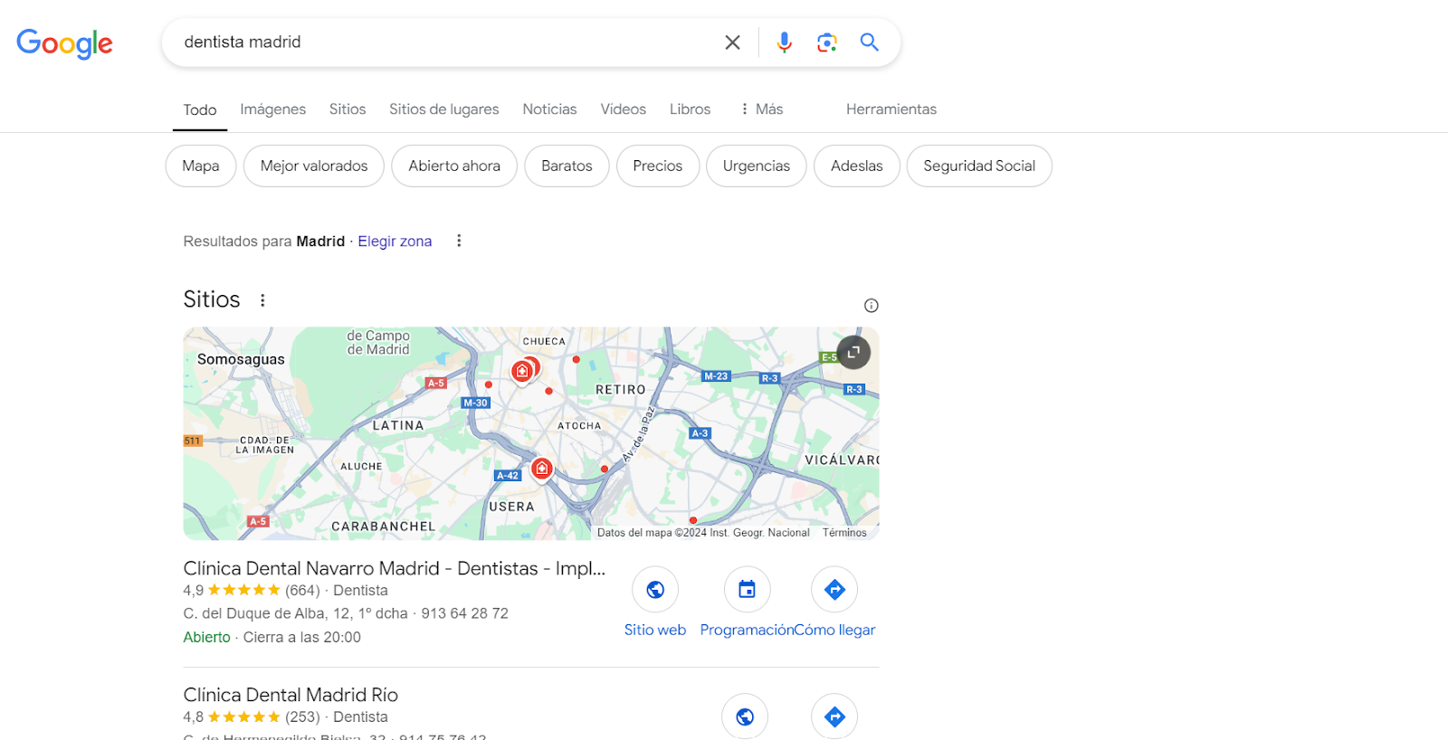 Ejemplo de resultados de SEO Local