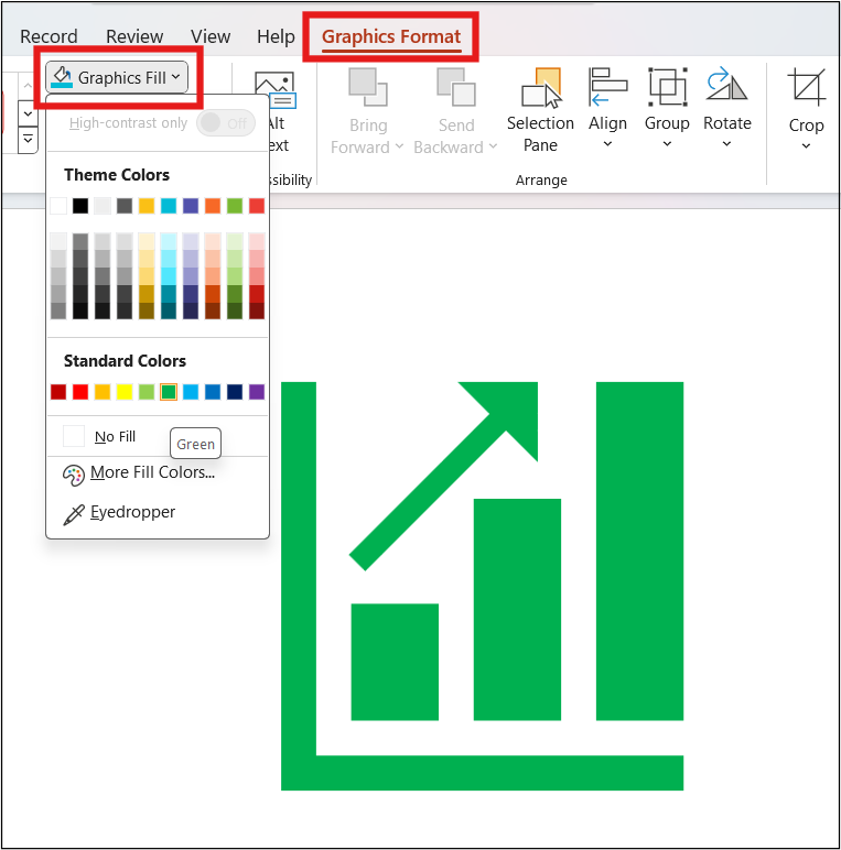 Graphics Format > Graphics Fill is highlighted in PowerPoint with Theme Colors, Standard Colors, More Fill Colors, etc.