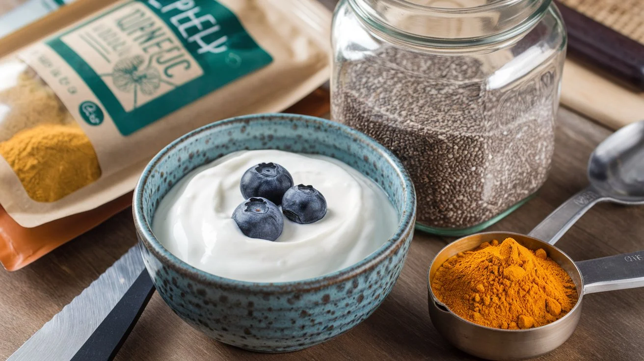 Functional foods like yogurt, chia seeds, and turmeric powder displayed on a kitchen counter.