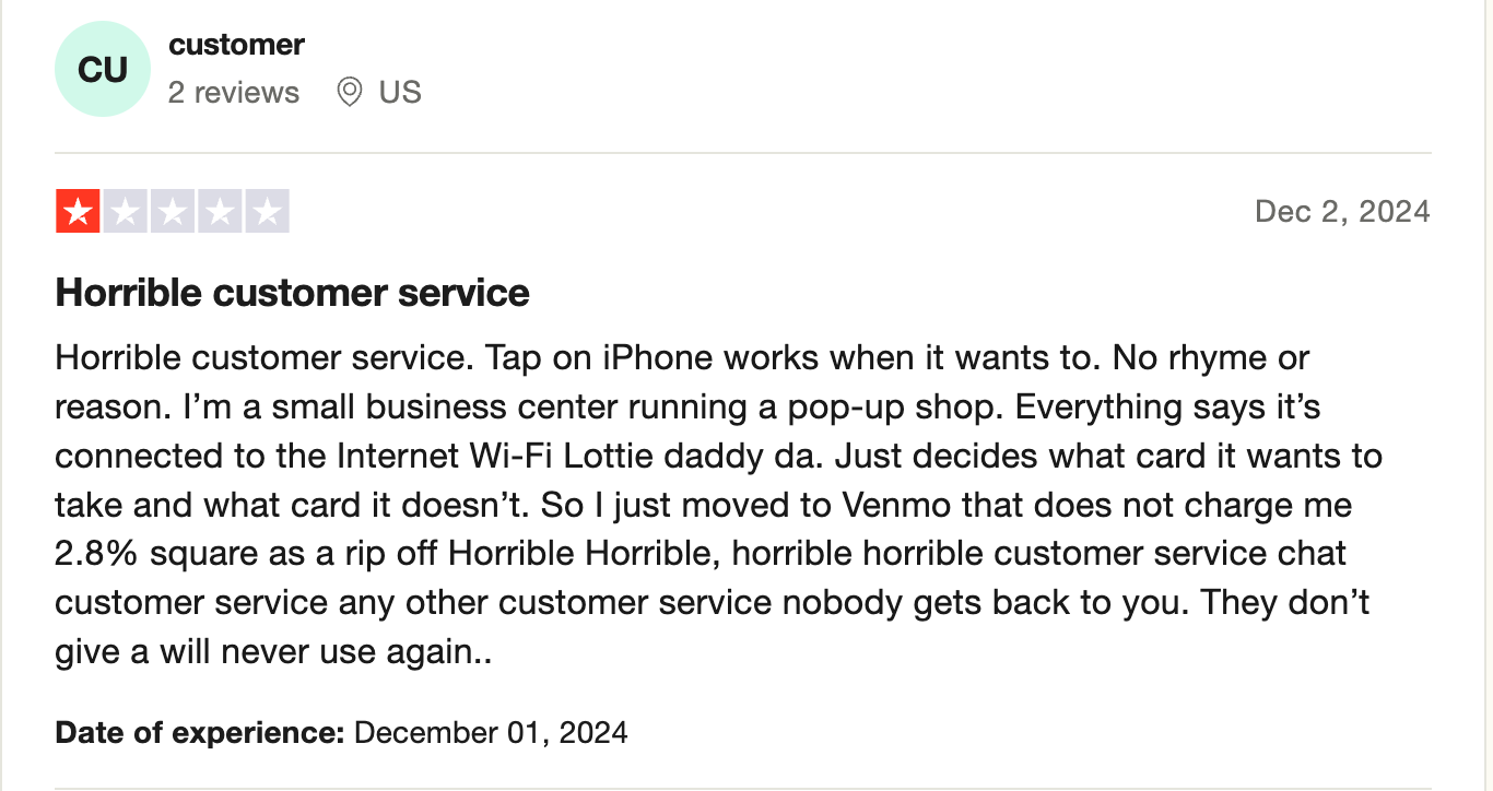 Picture showing a screenshots of a negative Square POS Customer Service review. 