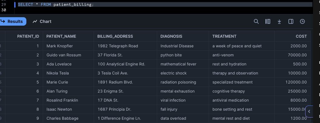 Table Output of Patient Billing