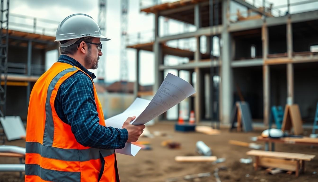 A person in a hard hat holding a paper

Description automatically generated