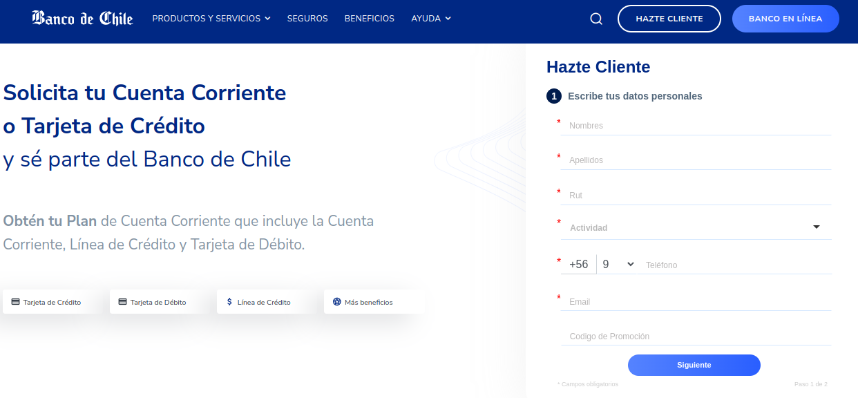 Formulario para solicitar tarjeta de crédito Banco de Chile