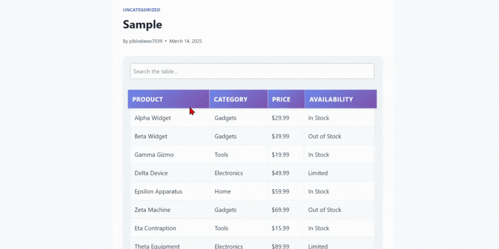 full table html preview
