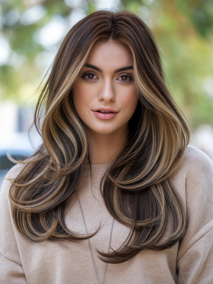 2. Long Brown Waves with Caramel Highlights