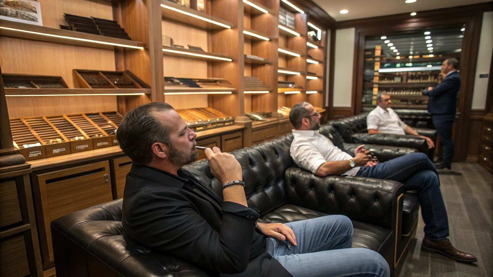 Men smoking cigars on black leather chairs