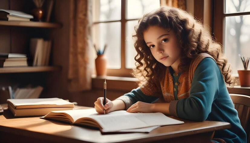 A girl sitting at a desk writing with a pen