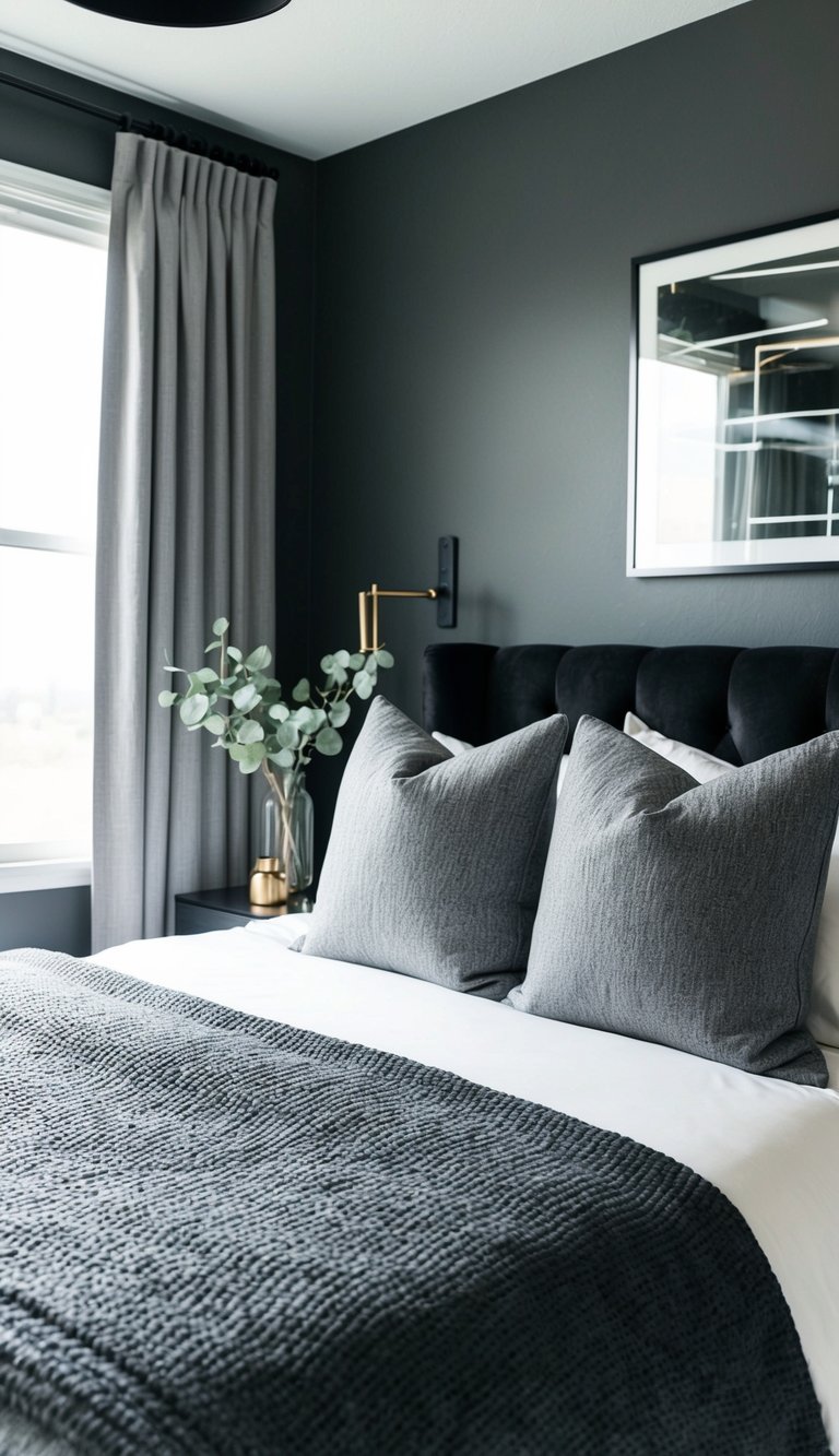 A cozy black and gray bedroom with stone gray throw pillows on the bed, creating a modern and sophisticated atmosphere