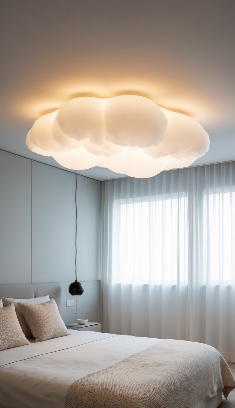 A bedroom with a cloud-inspired light fixture casting a soft, white glow over a serene and minimalist decor