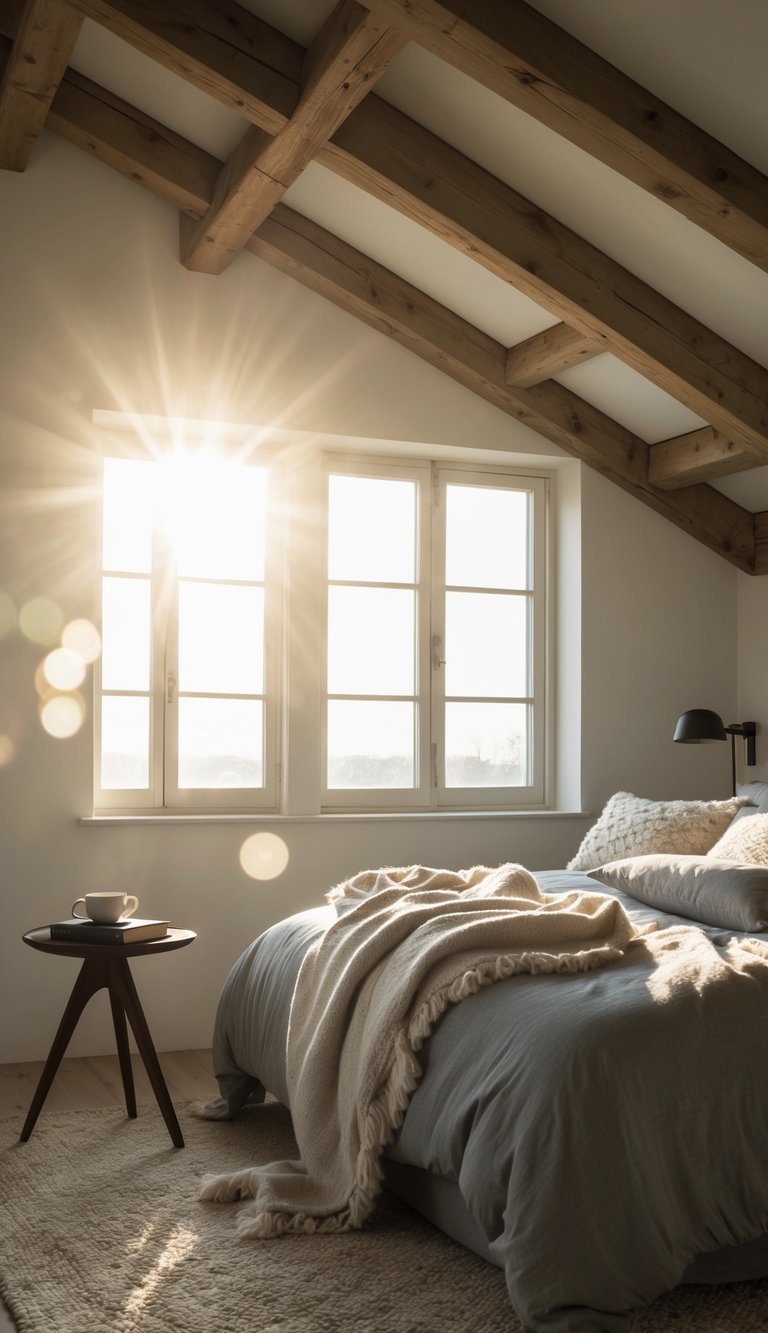 Sunlight filters through exposed wooden beams onto a bed with cozy blankets and pillows. A small side table holds a book and a cup of tea