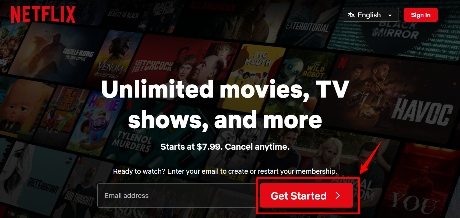 Netflix homepage displaying a grid of diverse show posters. Bold text reads "Unlimited movies, TV shows, and more." A button reading "Get Started".
