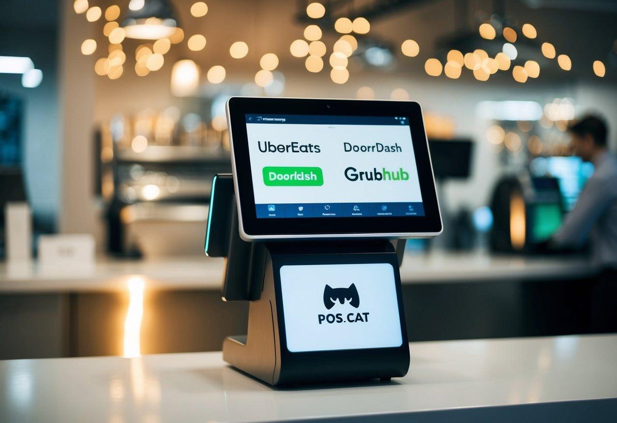 A modern point of sale system with POS.cat branding, featuring integrated logos for UberEats, DoorDash, and Grubhub