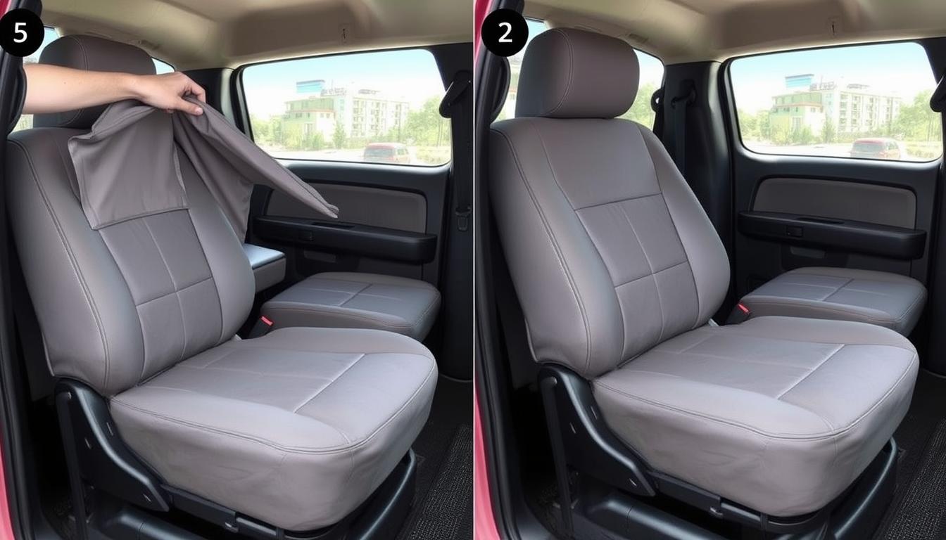 Step-by-step installation of custom seat covers on front truck seats