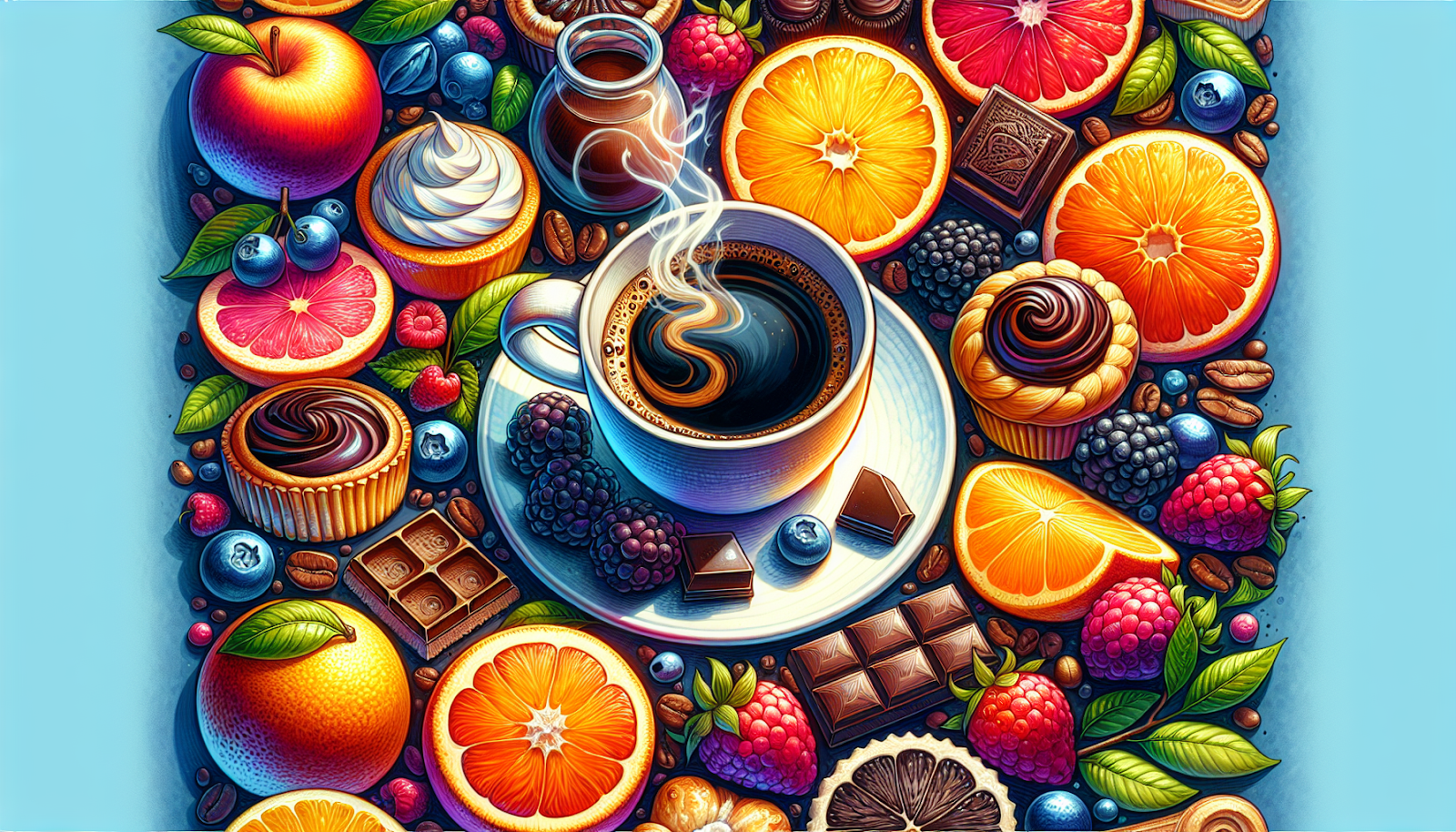 An illustration showing various food items that influence coffee flavor profiles, highlighting how food affects coffee taste.