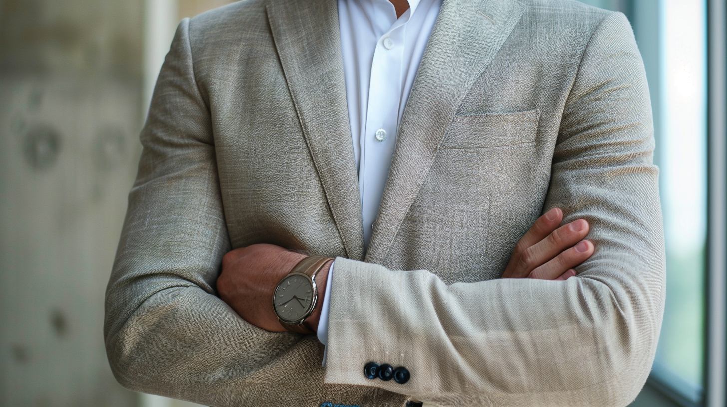 Man wearing a single-breasted suit coat; one row of buttons; slim notch lapels; clean, sharp look suitable for office or semi-formal setting; paired with matching trousers or grey slacks; natural lighting