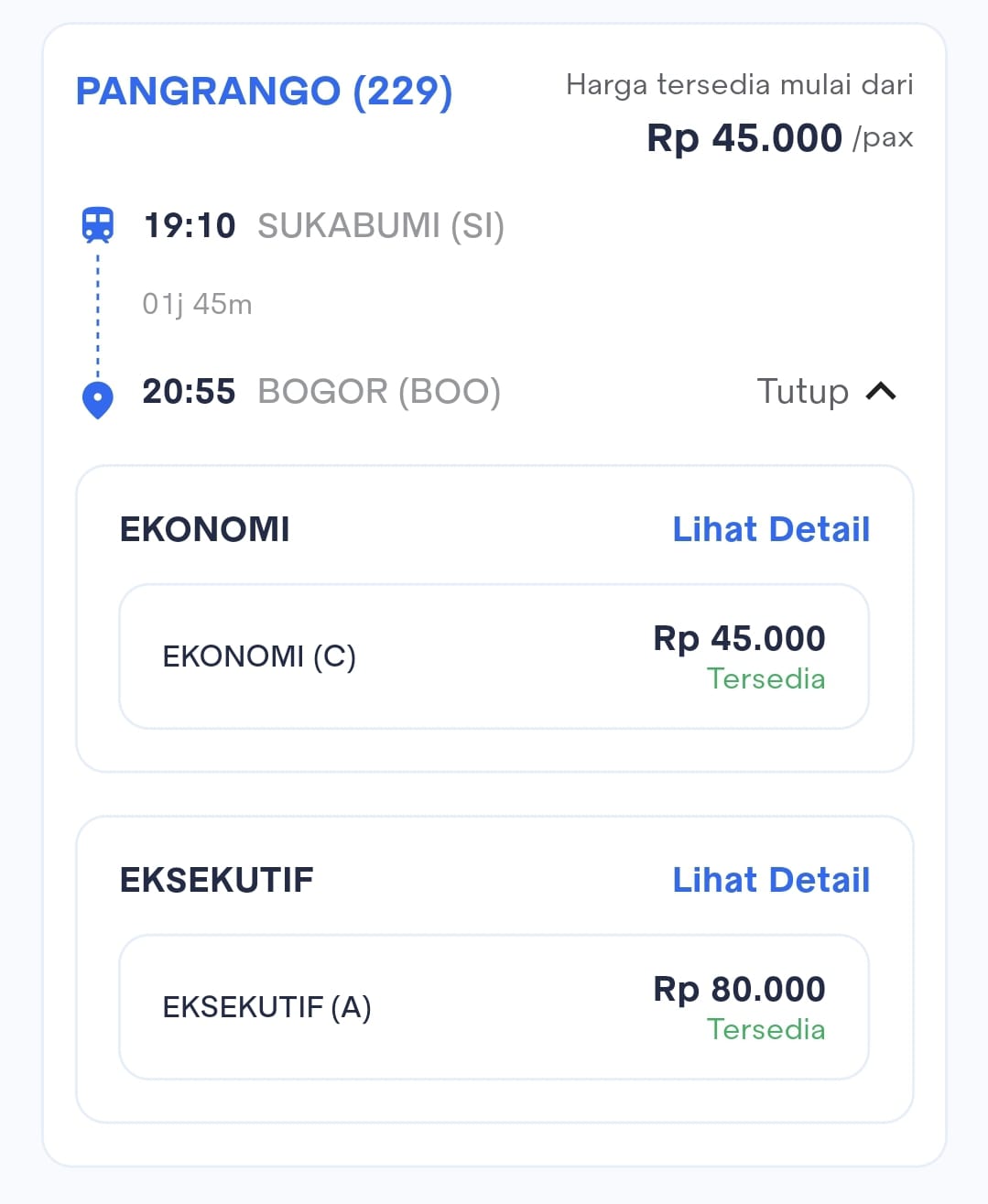 Harga Tiket KA Pangrango (229) Sukabumi (SI) — Bogor (BOO)