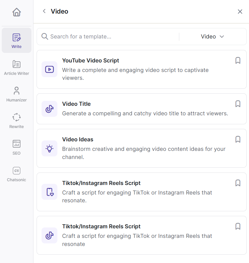 Writesonic has dedicated templates for video scripts.