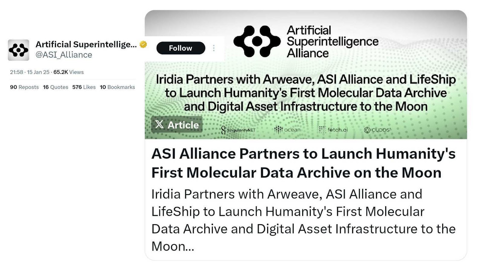 A post by Artificial Superintelligence Alliance (@ASI_Alliance) on X announcing a partnership with Iridia, Arweave, and LifeShip