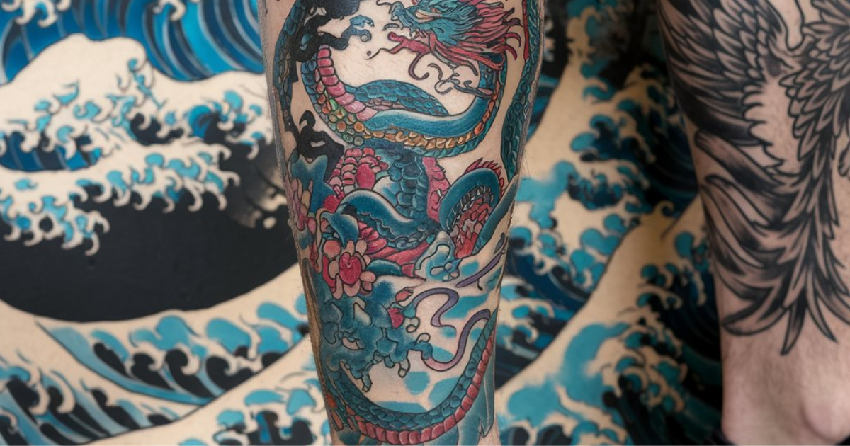 A tattooed arm featuring a dragon and a wave, blending Japanese and Western tattoo styles in a striking design.