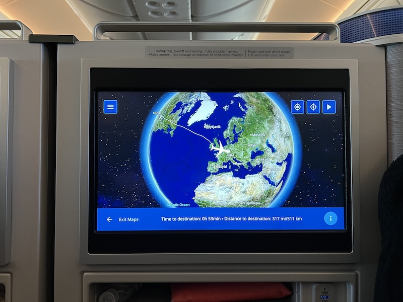 The entertainment screen in United Polaris Business Class. 