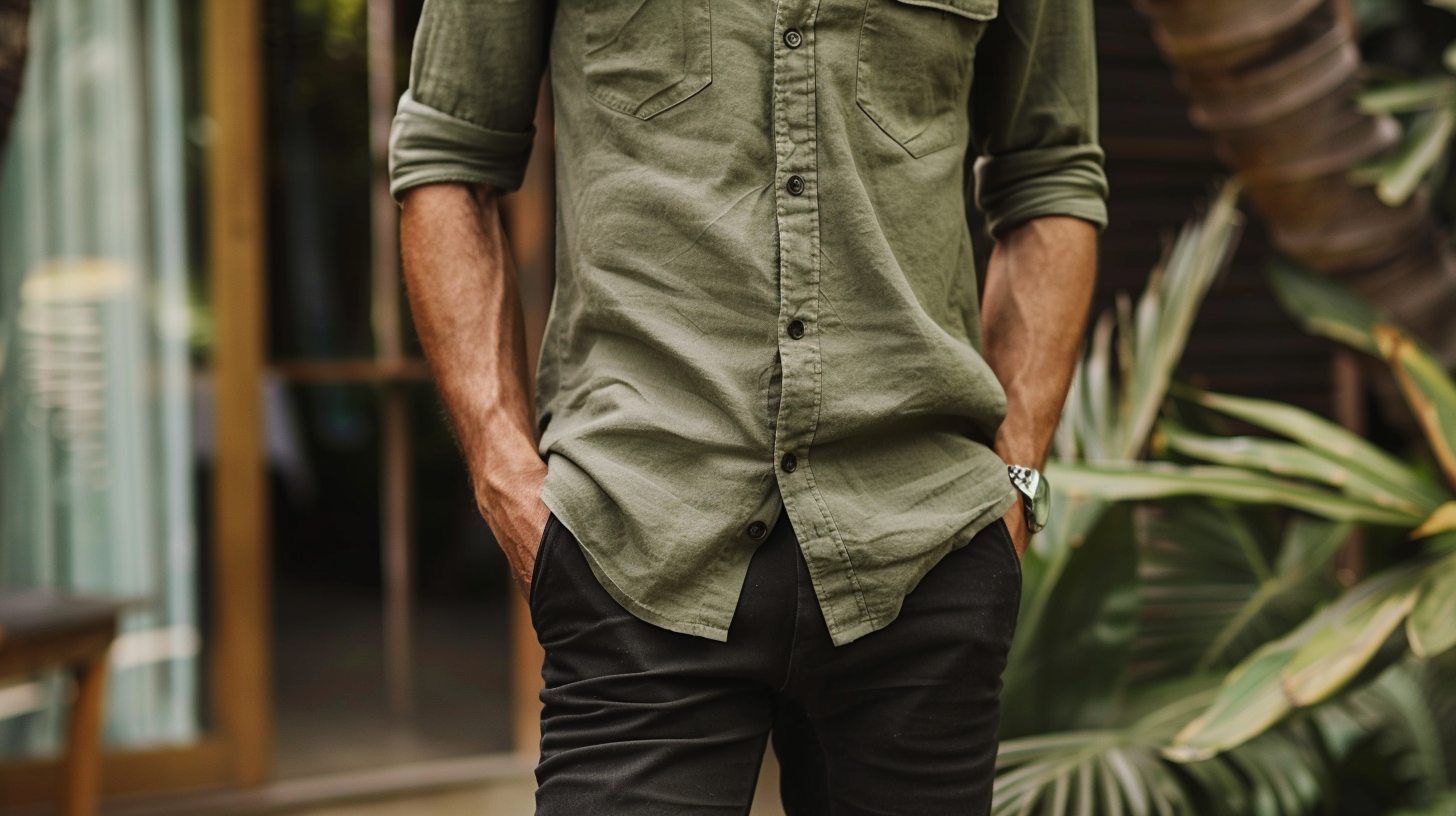 Relaxed man in an olive green casual shirt with sleeves rolled, paired with slim black pants, standing outdoors in a neutral, earthy environment, casual loafers or boots, hands in pockets, natural lighting, effortless smart-casual look