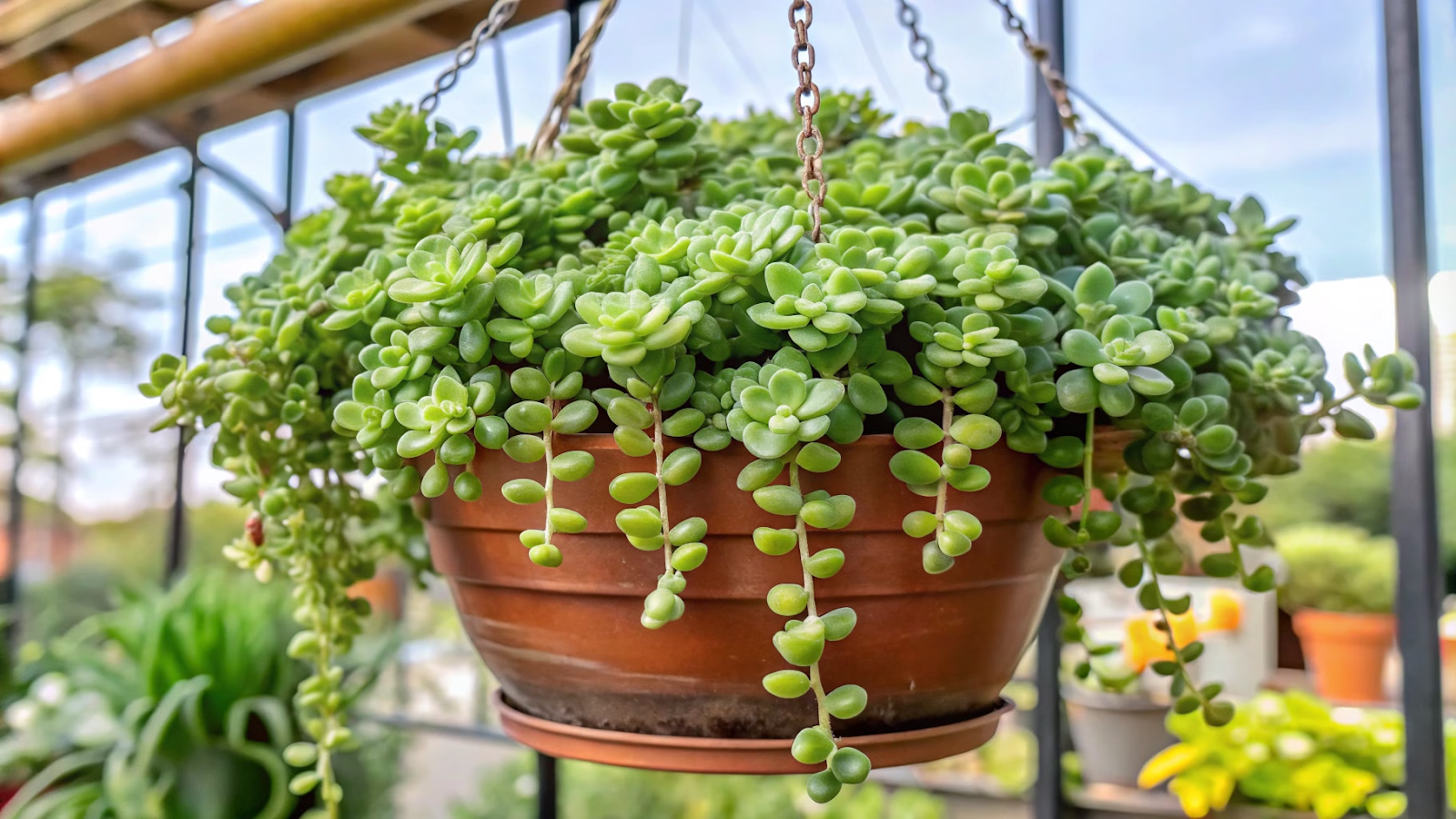 Sedum "rabo-de-burro" em vaso suspenso, folhas caindo.