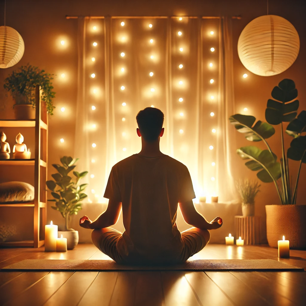 A peaceful scene of a person meditating in a calm environment. The person sits cross-legged on a mat with their eyes closed, surrounded by soft, warm lighting. Simple decor, such as plants and candles, enhances the serene atmosphere, evoking relaxation, mindfulness, and a sense of inner calm, perfect for unwinding before sleep.