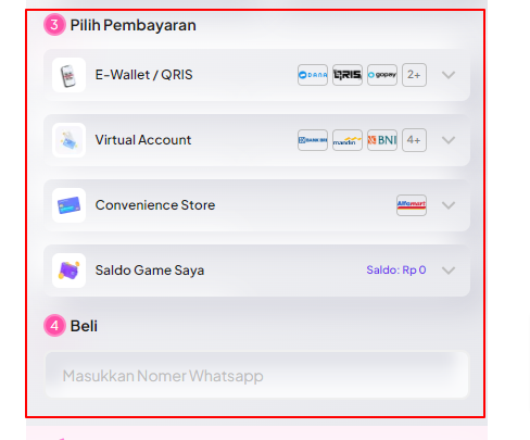 pilih metode pembayaran dan masukkan nomor WhatsApp