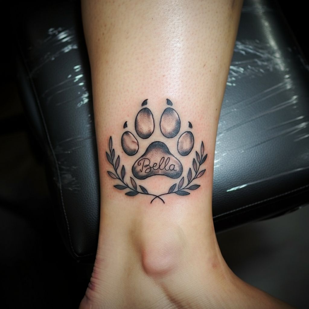 Labrador Paw Print with Name tattoo