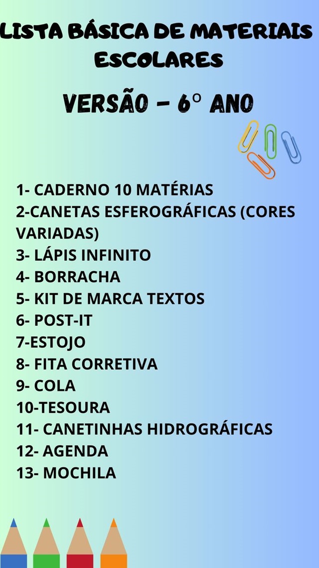 Lista de material escolar 6 ano