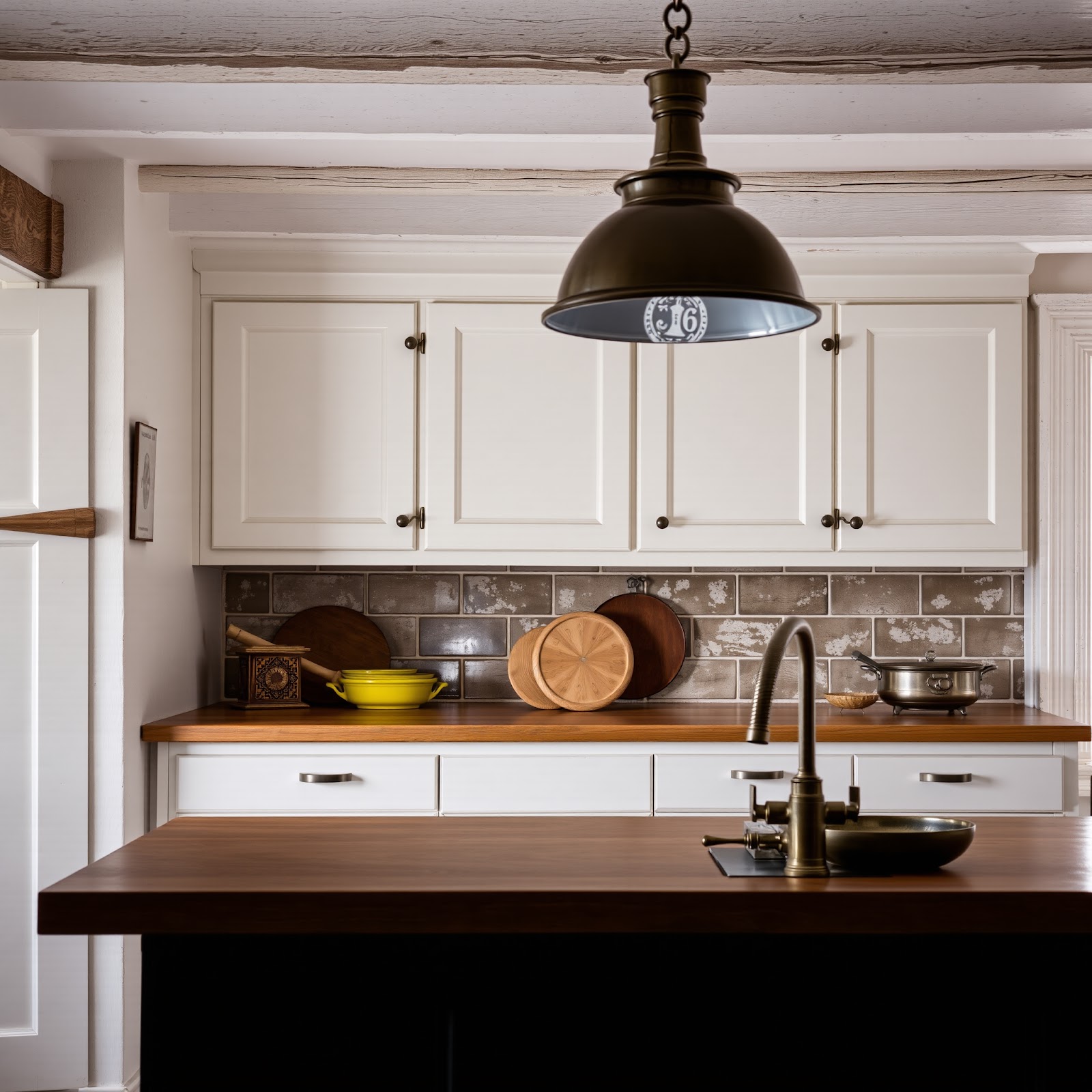 Cottage kitchen with vintage fixtures and hardware