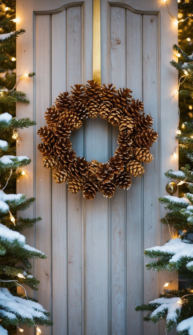 A golden pinecone wreath hanging on a rustic wooden door, surrounded by snow-covered pine trees and twinkling fairy lights