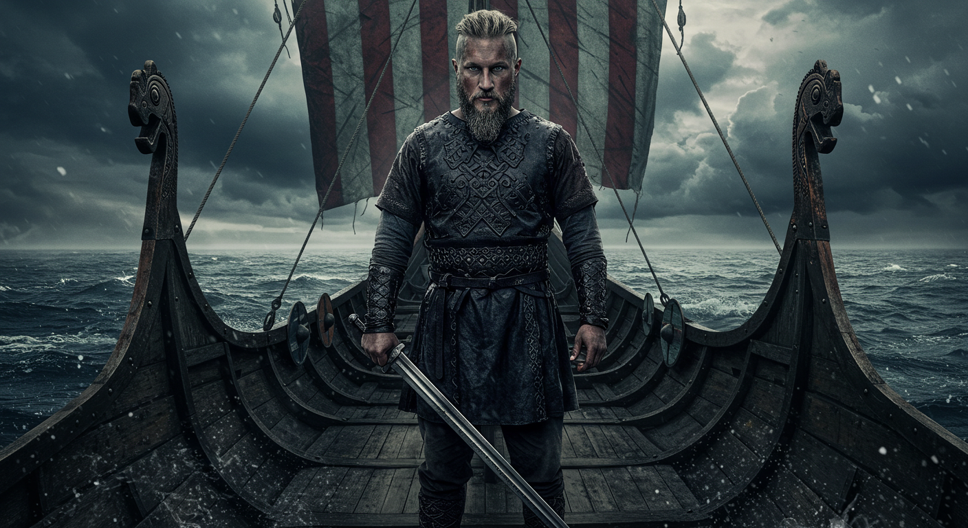 Ragnar Lothbrok, guerreiro viking, com espada e navio ao fundo