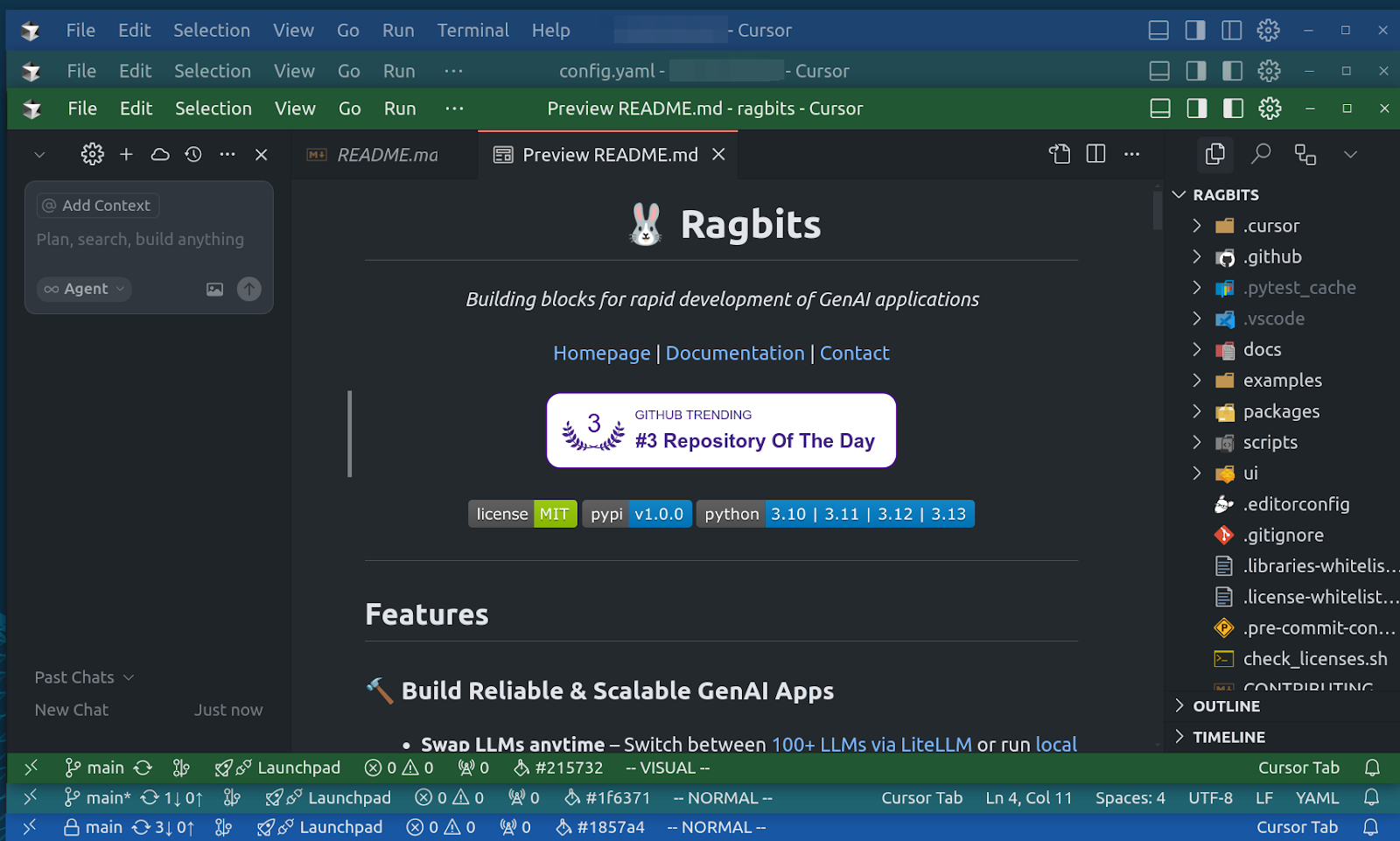 A screenshot showing three Cursor windows, each with a different colored title bar from Peacock.