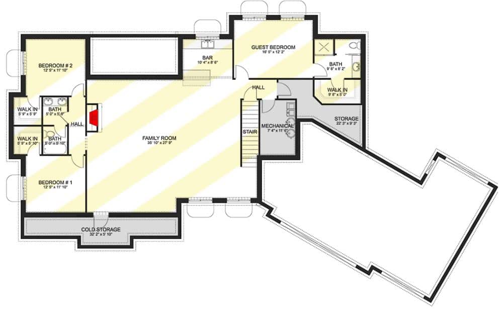 Lower level floor plan with three bedrooms and an enormous family room.