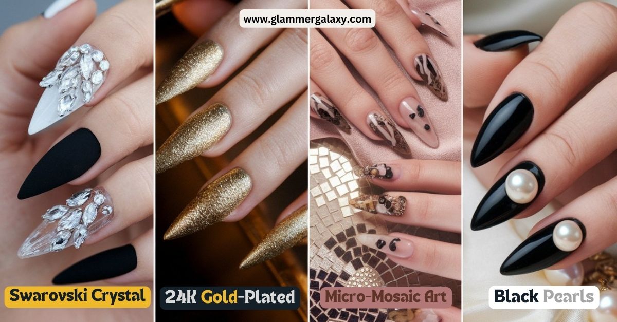 A picture of 4 images with Swarovski Crystal, 24K Gold-Plated, Micro-Mosaic Art and Rare Black Pearls Nail Paint Designs