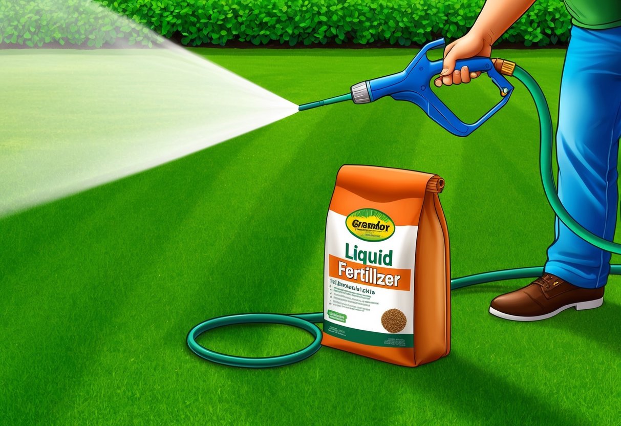 A lush green lawn with a hose attachment spraying liquid fertilizer, while a bag of granular fertilizer sits nearby