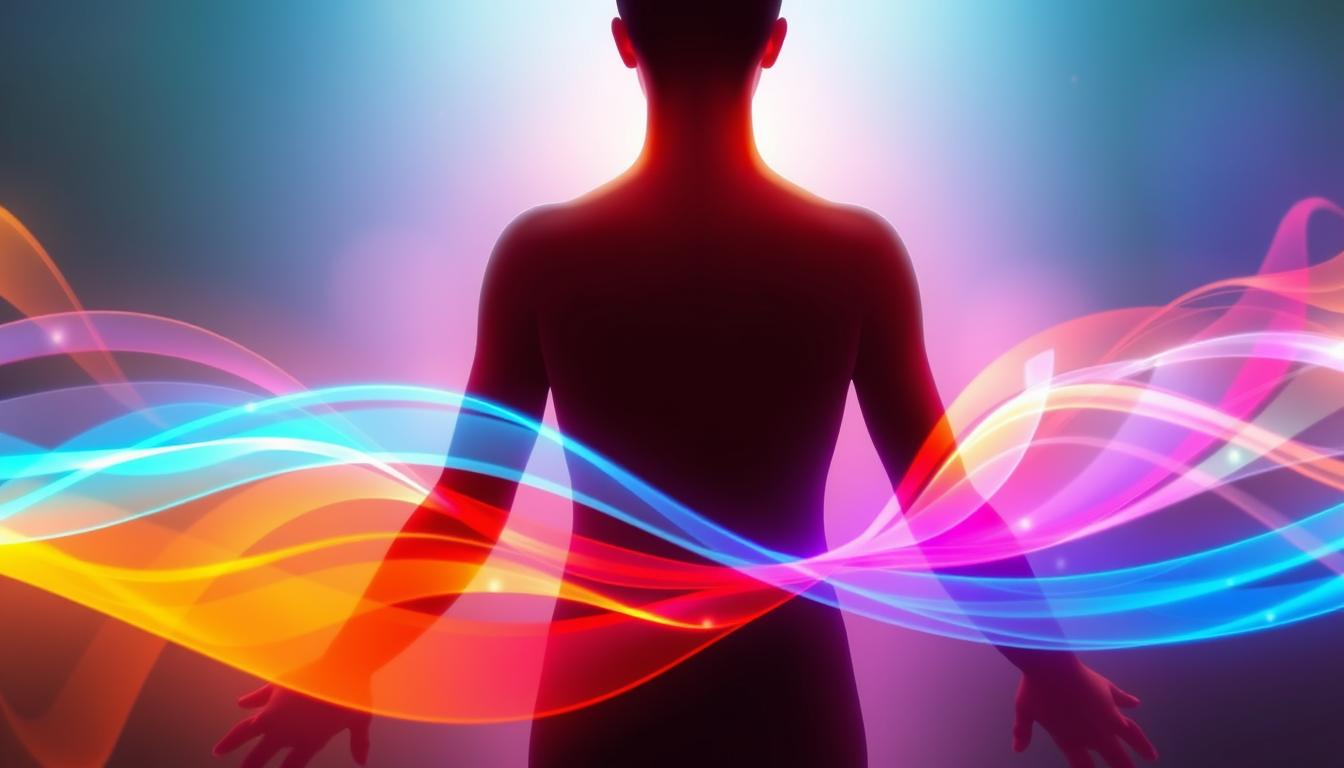 A visualization of energy waves emanating from a person's body, with varying hues of vibrant colors to represent different levels of vibration. The waves can be depicted as expanding and contracting, or moving in a fluid, organic manner. The image should evoke a sense of positivity and empowerment, conveying the idea that one's thoughts and emotions have a direct impact on their vibrational frequency.