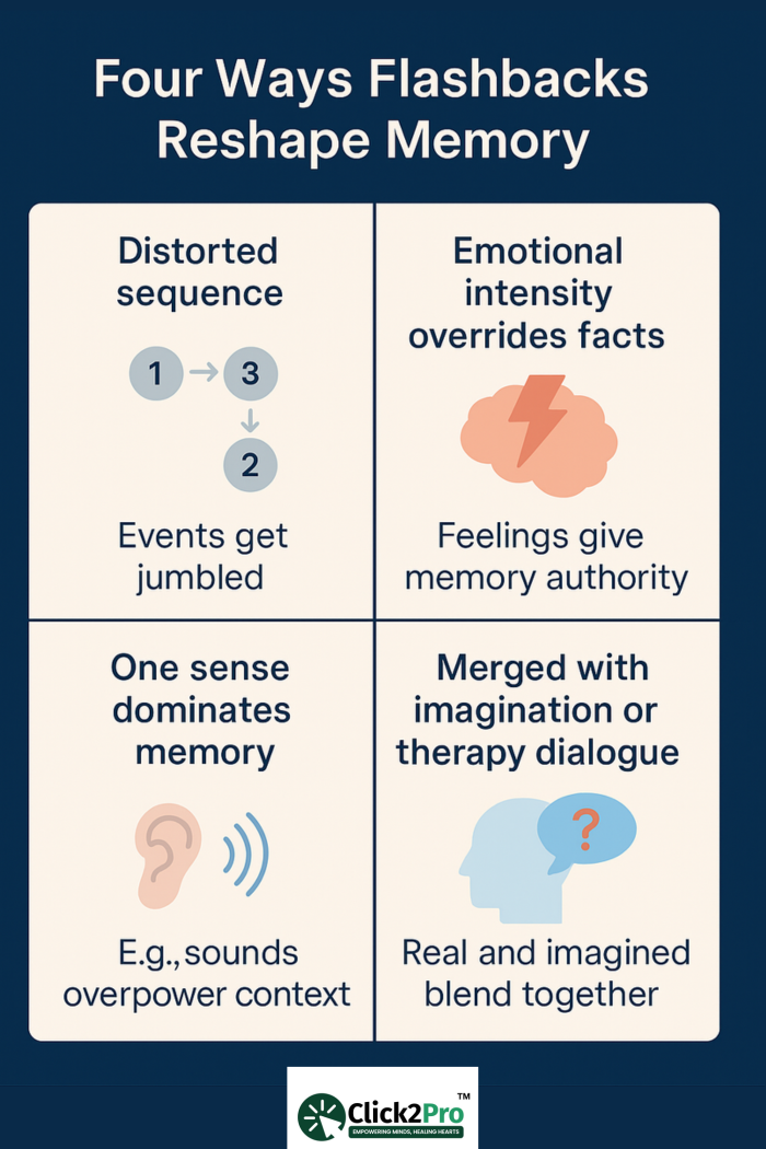 Infographic showing four ways flashbacks distort memory: sequence, emotion, senses, imagination