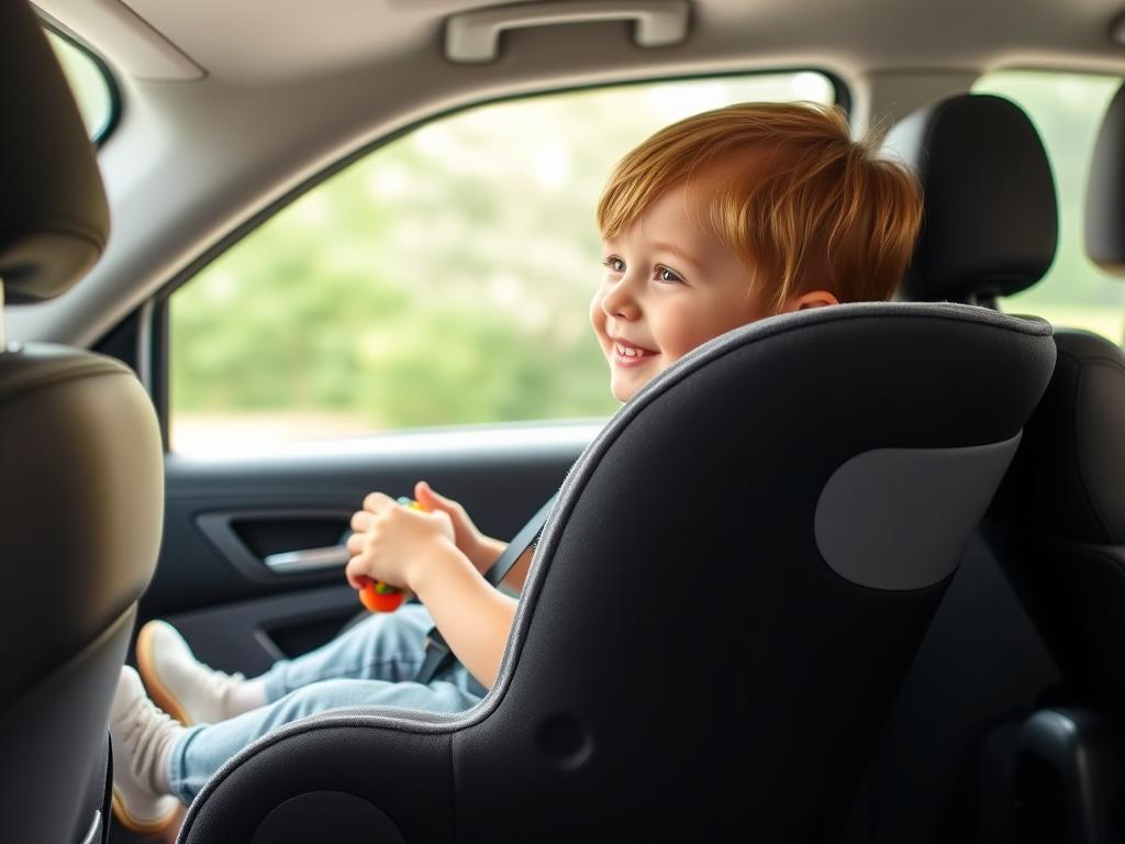 Happy toddler in rear-facing convertible car seat showing comfort