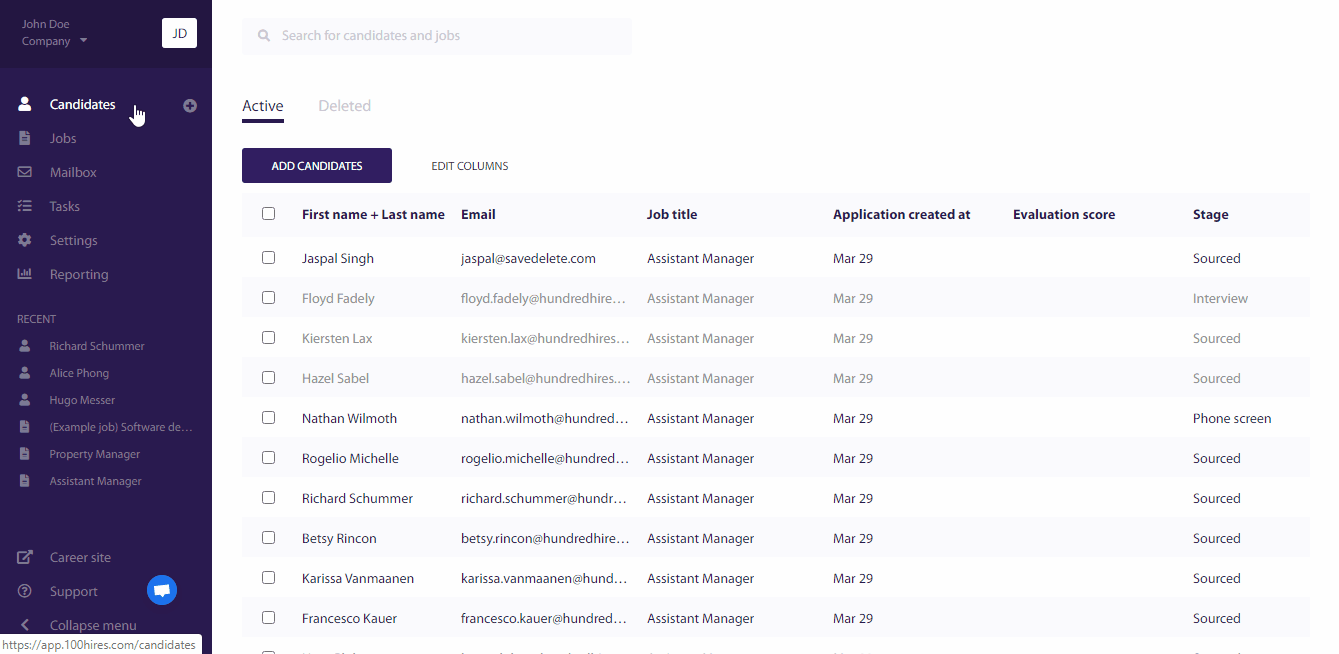 Screenshot of the 100Hires candidate management dashboard displaying a list of applicants, including their names, emails, job titles, application creation dates, evaluation scores, and current hiring stages