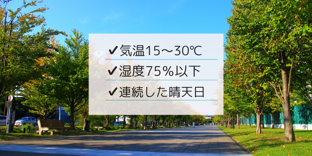 青空の並木道に「✔︎ 気温15〜30℃・✔︎ 湿度75％以下・✔︎ 連続した晴天日」の条件がチェック付きで示されたグラフィック